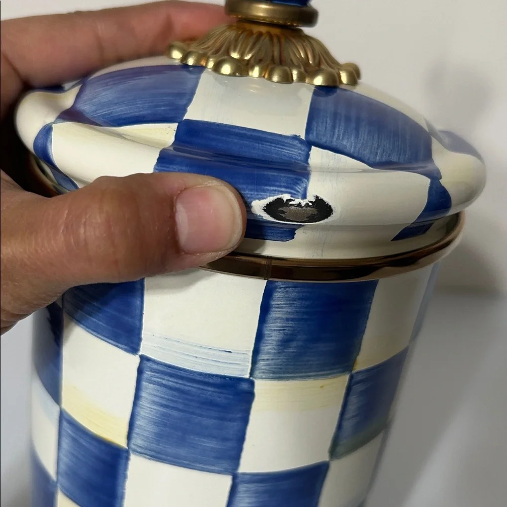 MacKenzie-Childs Royal Blue Check Large Canister Enamelware Kitchen Storage - Picture 4 of 8